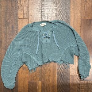 Teal V-Neck cropped distressed Women's Sweater